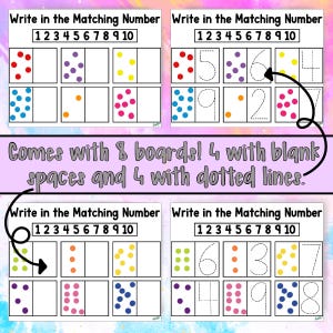 May include: A set of eight printable worksheets for children to practise writing numbers 1 to 10. Each worksheet has a box with a number of dots and a space for the child to write the matching number. Four of the worksheets have blank spaces for the numbers, and four have dotted lines to guide the child's writing.
