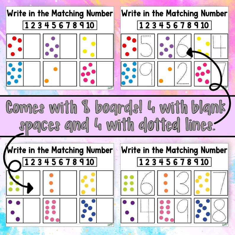 May include: A set of eight printable worksheets for children to practise writing numbers 1 to 10. Each worksheet has a box with a number of dots and a space for the child to write the matching number. Four of the worksheets have blank spaces for the numbers, and four have dotted lines to guide the child's writing.