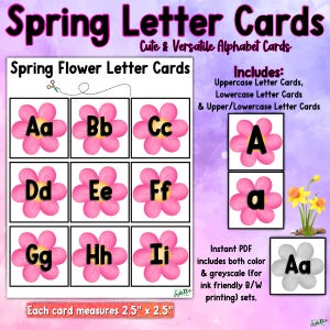 Cartões de identificação do alfabeto ELA para impressão de flores da primavera, letras pré-escolares, ordem A-Z