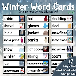 Winteractiviteiten voorschoolse opvang | Leuke woordenschatkaarten voor kinderen | Schrijfoefen- en leercentrum | Digitale download