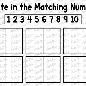 May include: A printable worksheet with blank boxes for writing in the matching numbers 1 to 10. The numbers 1 to 10 are printed at the top of the worksheet.