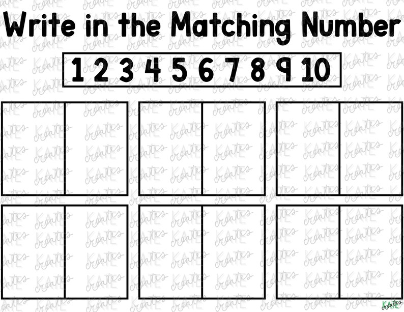 May include: A printable worksheet with blank boxes for writing in the matching numbers 1 to 10. The numbers 1 to 10 are printed at the top of the worksheet.