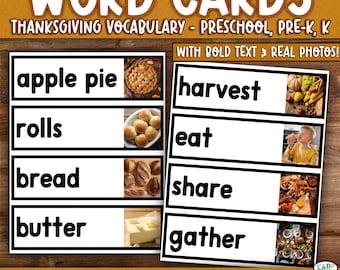 Thanksgiving Vocabulary Word Cards – November Word Wall | Preschool, PreK, K
