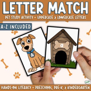 Könnte beinhalten: Zwei Lernkarten mit einem braunen Cartoon-Hund mit blauem Halsband und einer braunen Hundehütte in Knochenform. Der Text lautet LETTER MATCH, PET STUDY ACTIVITY, UPPERCASE & LOWERCASE LETTERS, A-Z INCLUDED, HANDS-ON LITERACY, PRESCHOOL, PRE-K, & KINDERGARTEN.