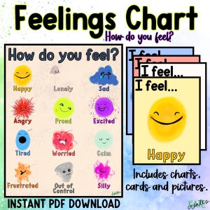 Gevoelstabel voor kleuters, kaarten emotionele regulatie voor kinderen, afdrukbare emoties inchecken, digitale download