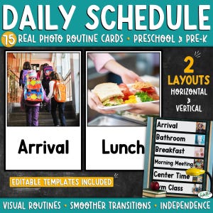 Peut inclure: Un ensemble de 75 cartes de routine quotidienne avec des photos réelles pour la maternelle. Les cartes montrent des enfants avec des sacs à dos pour l'arrivée et un plateau repas. Inclut deux mises en page, horizontale et verticale.