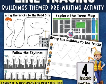 Building Theme Line Tracing Worksheets | Fine Motor & Pre-Writing Activity | Preschool, PreK (Printable)