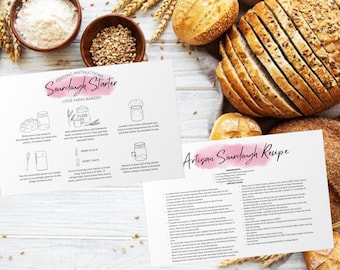 Puede incluir: Una guía imprimible con instrucciones para alimentar un fermento de masa madre y una receta de pan de masa madre artesanal. La guía tiene un fondo de acuarela rosa y la receta tiene un título de acuarela rosa. La imagen también muestra varias barras de pan.