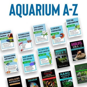Puede incluir: Una colección de portadas de libros coloridas con títulos relacionados con el cuidado de acuarios y la cría de peces. Las portadas presentan varios peces, plantas y otras formas de vida acuática. Los libros están dispuestos en una cuadrícula sobre un fondo azul y blanco con un patrón de ondas. El texto en la parte inferior dice "Por Dennis Kottmann".