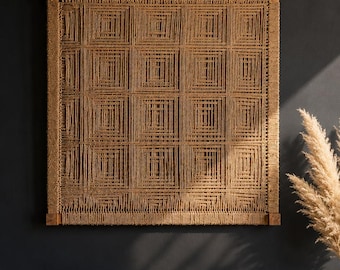 Handmade Jute Wall Art – Geometric Fiber Textile Hanging, Natural Wood Frame