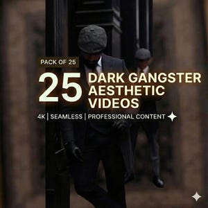 Puede incluir: Imagen con dos hombres con trajes oscuros y sombreros, con el texto "25 DARK GANGSTER AESTHETIC VIDEOS." El texto también incluye "4K | SEAMLESS | PROFESSIONAL CONTENT."