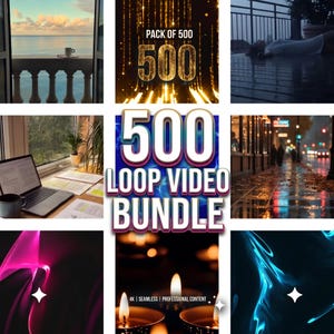 Puede incluir: Una colección digital titulada 500 LOOP VIDEO BUNDLE que presenta un collage de varias escenas, incluyendo una vista de balcón, efectos de luz dorada, una calle lluviosa, una computadora portátil, ondas rosas, velas y líquido azul.