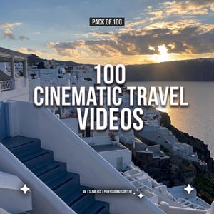 May include: A digital collection titled PACK OF 100 100 CINEMATIC TRAVEL VIDEOS 4K SEAMLESS PROFESSIONAL CONTENT featuring a scenic view of white buildings on a cliffside overlooking the sea at sunset with blue stairs in the foreground.