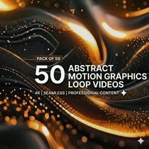 Puede incluir: Imagen de arte digital abstracto con un fondo oscuro y efectos de luz dorada fluida. El texto dice "PACK OF 50" y "50 ABSTRACT MOTION GRAPHICS LOOP VIDEOS". El texto adicional incluye "4K | SEAMLESS | PROFESSIONAL CONTENT".