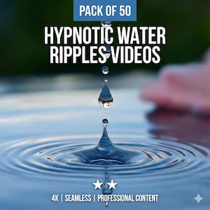 Può includere: Primo piano di gocce d'acqua che cadono nell'acqua, creando increspature. L'immagine presenta il testo "PACK OF 50" e "HYPNOTIC WATER RIPPLES VIDEOS". Ulteriore testo: "4K | SEAMLESS | PROFESSIONAL CONTENT".