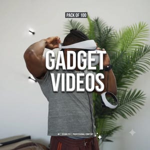 Puede incluir: Un casco de realidad virtual blanco con un mando a juego. El texto PACK OF 100 aparece en la parte superior, GADGET VIDEOS en el centro y 4K | SEAMLESS | PROFESSIONAL CONTENT en la parte inferior. El dispositivo tiene un diseño moderno.