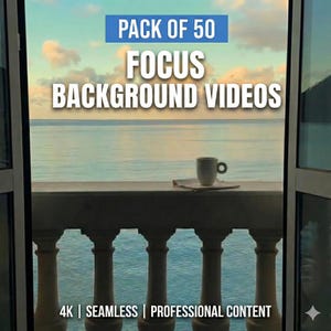Può includere: Una scena esterna serena con una tazza di caffè su un balcone che si affaccia sull'oceano. L'immagine presenta il testo "PACK OF 50 FOCUS BACKGROUND VIDEOS" e "4K | SEAMLESS | PROFESSIONAL CONTENT". Il balcone ha una balaustra bianca.