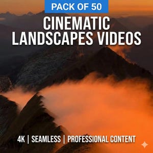 May include: An image of a mountain range at sunset with the text "PACK OF 50 CINEMATIC LANDSCAPES VIDEOS". The text "4K | SEAMLESS | PROFESSIONAL CONTENT" is also visible. The sky is a gradient of orange and yellow.