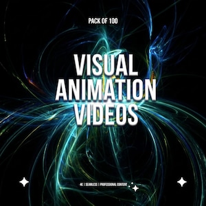 Może przedstawiać: Grafika cyfrowa z napisem PACK OF 100 VISUAL ANIMATION VIDEOS w kolorze białym, wyśrodkowanym na czarnym tle z abstrakcyjnymi, świecącymi niebieskimi i zielonymi smugami światła. Na dole znajduje się tekst 4K | SEAMLESS | PROFESSIONAL CONTENT.