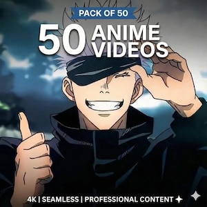 Könnte beinhalten: Anime-Illustration eines lächelnden Charakters mit weißen Haaren und einer schwarzen Augenbinde. Der Text lautet "PACK OF 50" und "50 ANIME VIDEOS". Der Text unten lautet "4K | SEAMLESS | PROFESSIONAL CONTENT".