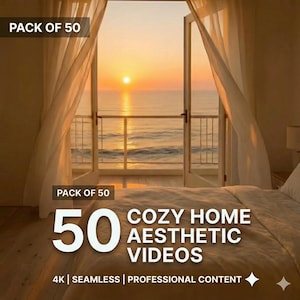 May include: A bedroom with a view of the ocean at sunset. The image features a bed, open doors, and sheer curtains. Text on the image reads "PACK OF 50" and "COZY HOME AESTHETIC VIDEOS". The videos are described as 4K, seamless, and professional content.