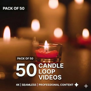 May include: A close-up of lit candles, with a focus on a small red candle in a glass holder. The image includes text that reads "PACK OF 50" and "50 CANDLE LOOP VIDEOS". The text also includes "4K | SEAMLESS | PROFESSIONAL CONTENT".