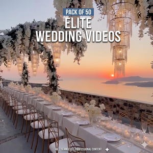 May include: A digital collection titled PACK OF 50 ELITE WEDDING VIDEOS featuring a scenic outdoor dining setup with white floral arches, hanging crystal chandeliers, and a long table with white chairs overlooking a sunset ocean view.