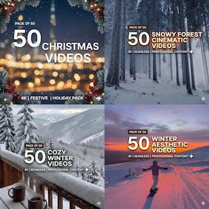 May include: A collage of four winter-themed video packs. Each pack features the number "50" in large white text. The packs include "Christmas Videos", "Snowy Forest Cinematic Videos", "Cozy Winter Videos", and "Winter Aesthetic Videos".