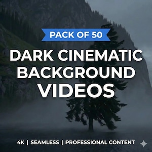 Op de afbeelding: Afbeelding die een pakket van 50 donkere filmische achtergrondvideo's promoot. De witte tekst staat tegen een donker, mistig landschap met een silhouet van een boom. De video's zijn 4K, naadloos en professionele content.