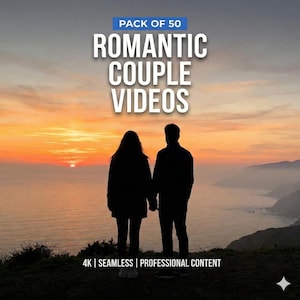 May include: A silhouette of a couple holding hands is set against a sunset over the sea. The image includes text: "PACK OF 50 ROMANTIC COUPLE VIDEOS" and "4K | SEAMLESS | PROFESSIONAL CONTENT."