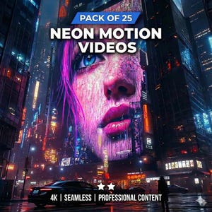 May include: Digital artwork showing a woman's face with neon pink hair and blue eyes, set against a cityscape backdrop. The image includes the text "PACK OF 25 NEON MOTION VIDEOS" at the top and "4K | SEAMLESS | PROFESSIONAL CONTENT" at the bottom.