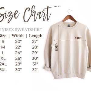 May include: Size chart for a unisex sweatshirt, showing measurements in inches for width and length. Sizes include S, M, L, XL, 2XL, and 3XL.