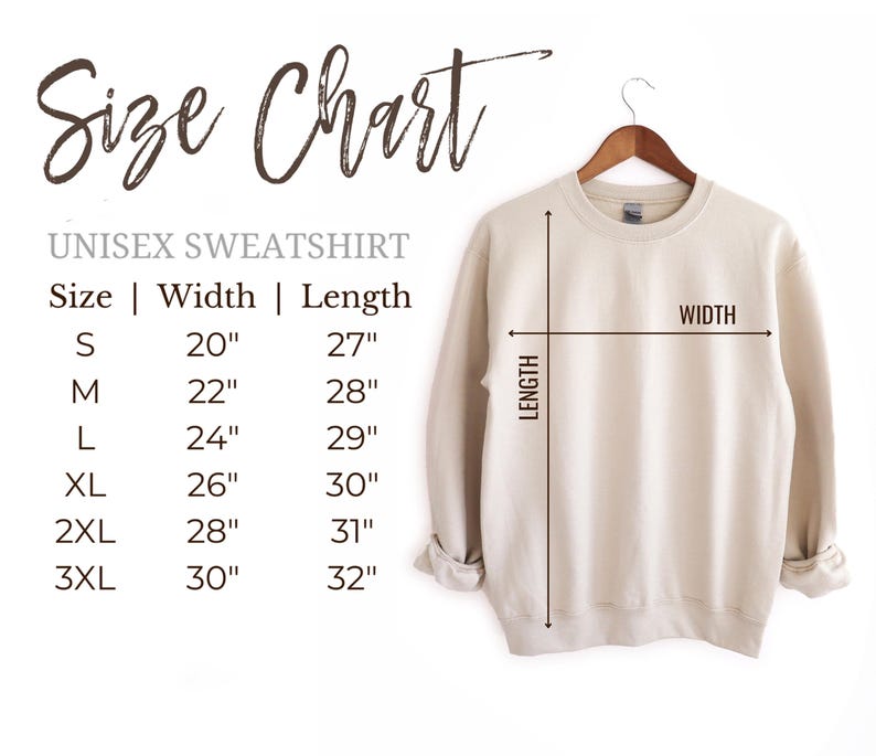 May include: Size chart for a unisex sweatshirt, showing measurements in inches for width and length. Sizes include S, M, L, XL, 2XL, and 3XL.