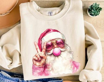 Retro Santa Christmas Blowing Bubble Sweatshirt ,Pink Christmas Matching Family Sweaters, Retro Holiday Crewneck, Christmas Group Party