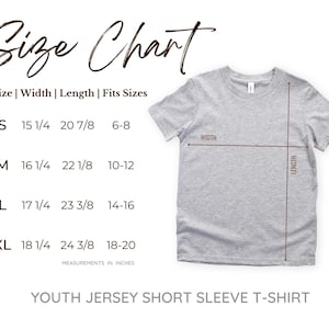 May include: Size chart for youth jersey short sleeve t-shirts. The chart shows sizes S, M, L, and XL with corresponding width, length, and fits sizes in inches.  Measurements in inches.