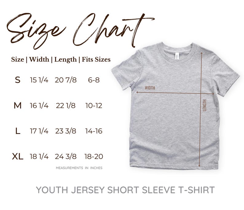 May include: Size chart for youth jersey short sleeve t-shirts. The chart shows sizes S, M, L, and XL with corresponding width, length, and fits sizes in inches.  Measurements in inches.