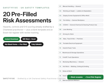 Pacchetto di modelli per la valutazione dei rischi / 20 valutazioni dei rischi precompilate per il Regno Unito + modello vuoto + registro dei rischi in Excel / Salute e sicurezza / Word