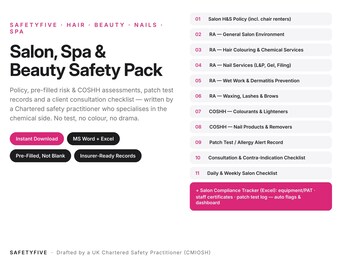 Kit di salute e sicurezza per saloni di bellezza / Valutazione dei rischi per parrucchieri ed estetisti + COSHH + Registro dei patch test + Politica Regno Unito / Centro estetico per unghie / Word