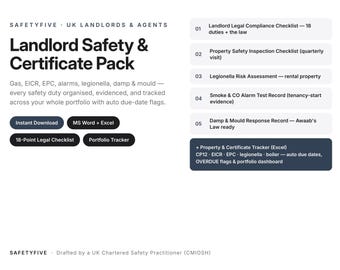 Pacchetto di conformità per la sicurezza degli immobili in affitto / Strumento di monitoraggio del certificato EPC EICR del gas in Excel + Valutazione del rischio di legionella + Registro di umidità e muffa nel Regno Unito / Word