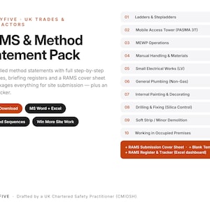 May include: A RAMS and Method Statement Pack for UK trades and contractors, featuring 10 pre-filled sequences including ladders, mobile access towers, MEWP operations, manual handling, electrical works, plumbing, painting, drilling, and demolition.
