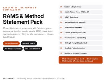 Method Statement Template Bundle | 10 Pre-Filled RAMS Method Statements + Cover Sheet + Excel Tracker | UK Construction Trades | Word
