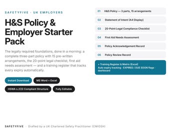 Modello di politica sulla salute e sicurezza Regno Unito / HSWA Politica in tre parti + Lista di controllo legale + Valutazione del primo soccorso + Registro di formazione Excel / Word