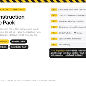 May include: A digital Construction Site Pack document featuring the text SAFETYFIVE CDM 2015. It lists seven components including a Construction Phase Plan, site induction records, safety rules, and a site register for MS Word and Excel formats.