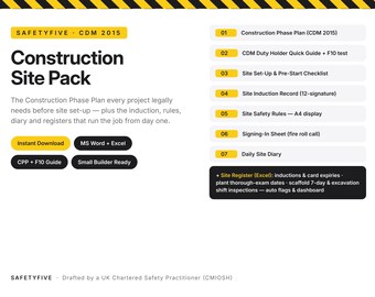 Modello di piano di fase di costruzione Regno Unito / Pacchetto cantiere CDM 2015 + Registro di induzione + Diario di cantiere + Poster delle regole + Registro di cantiere Excel / Word
