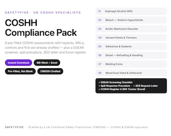 Pacchetto di modelli di valutazione COSHH / 8 valutazioni precompilate per il Regno Unito + lista di controllo DSEAR + registro Excel / Salute e sicurezza / Word