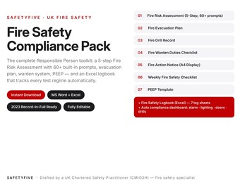 Pacchetto di modelli per la valutazione del rischio di incendio / Registro di sicurezza antincendio in Excel + Piano di evacuazione + Lista di controllo per addetto antincendio + PEEP / Sicurezza antincendio nel Regno Unito / Word