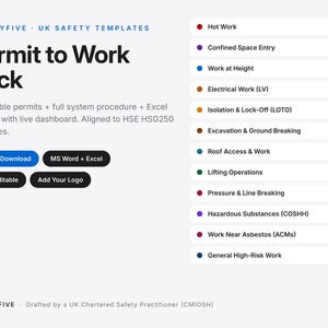 May include: A digital Permit to Work Pack template featuring 12 editable permits, a full system procedure, and an Excel register with a live dashboard. The document lists safety categories including Hot Work, Confined Space Entry, and Work at Height.