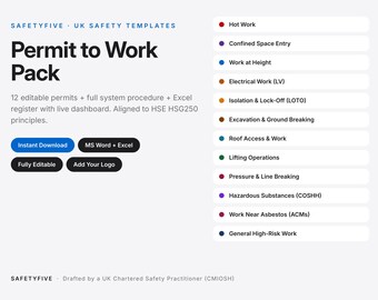 Pacchetto di modelli per il permesso di lavoro / 12 moduli PTW modificabili + procedura + registro Excel / Salute e sicurezza nel Regno Unito / Lavori a caldo in spazi confinati / Word