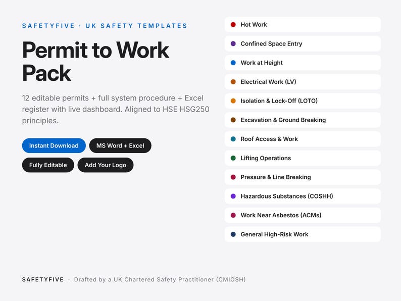 May include: A digital Permit to Work Pack template featuring 12 editable permits, a full system procedure, and an Excel register with a live dashboard. The document lists safety categories including Hot Work, Confined Space Entry, and Work at Height.