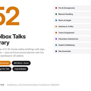 以下が含まれることがあります： 52 Toolbox Talksライブラリ。Fire & Emergencies、Manual Handling、Work at Height、Vehicles & Traffic、Tools & Equipment、Hazardous Substances、Health & Wellbeing、Site Essentialsなどの安全トピックリストが含まれています。